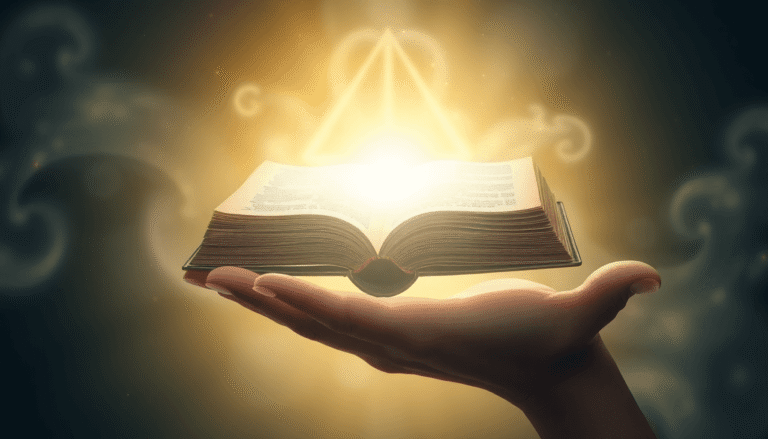 En gammel glødende bog svæver over en åben hånd, omgivet af et æterisk lys, stjerner og virvlende kosmisk energi i en realistisk mystisk scene.