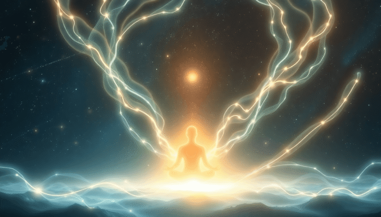 En gennemsigtig figur mediterer midt i strålende lysstrømme og abstrakte spirituelle symboler under en stjerneklar himmel, hvilket symboliserer kar...