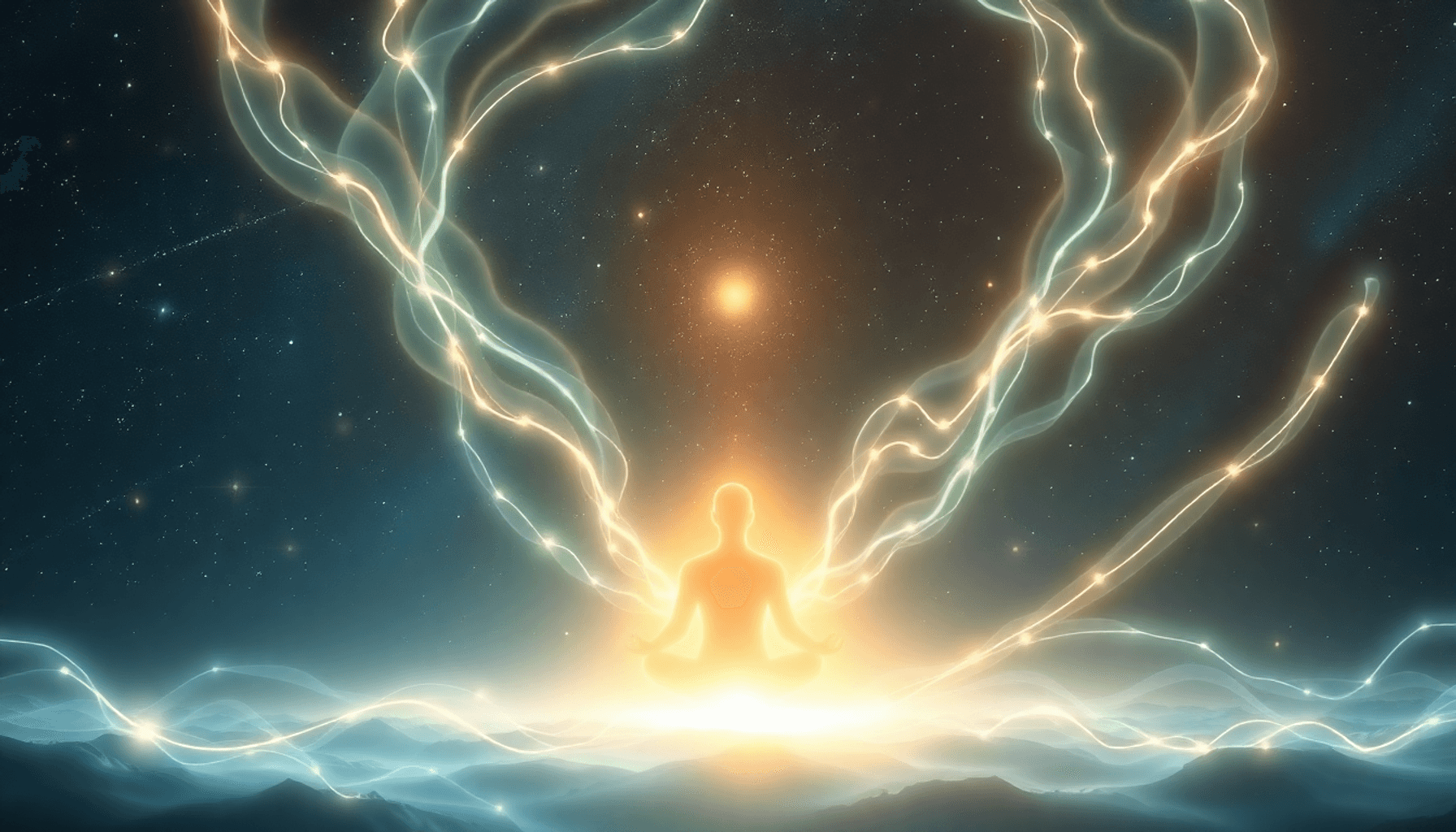 En gennemsigtig figur mediterer midt i strålende lysstrømme og abstrakte spirituelle symboler under en stjerneklar himmel, hvilket symboliserer kar...