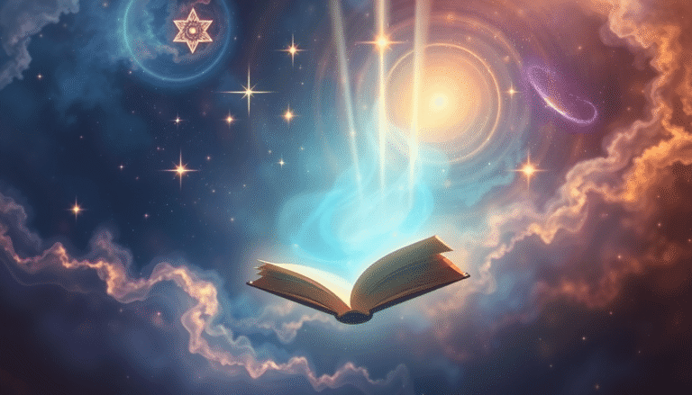 En glødende, gennemsigtig bog svæver blandt stjerner og nebulæ, forbundet med lysstråler til en meditative figur, der symboliserer kosmisk visdom o...