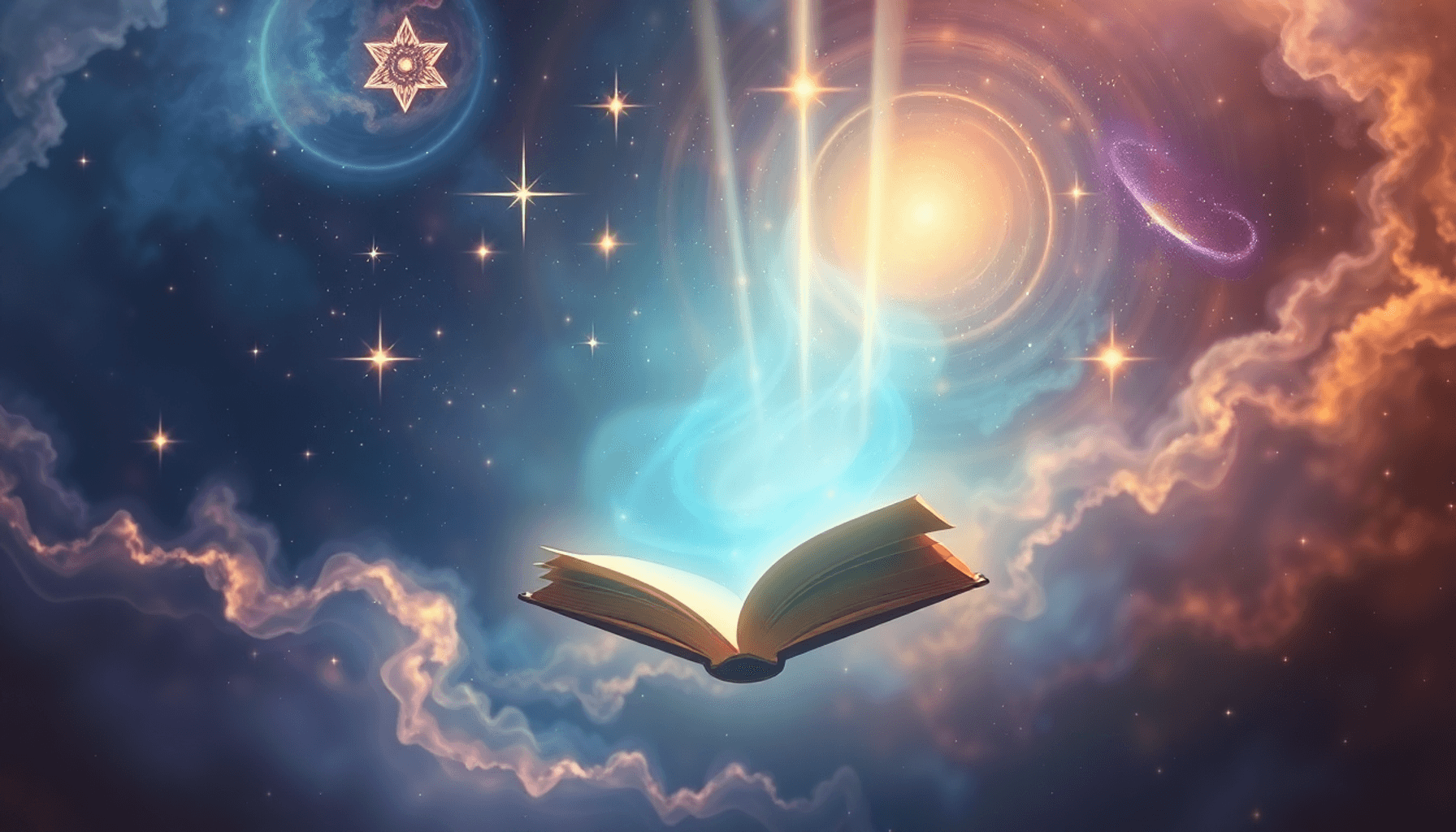 En glødende, gennemsigtig bog svæver blandt stjerner og nebulæ, forbundet med lysstråler til en meditative figur, der symboliserer kosmisk visdom o...