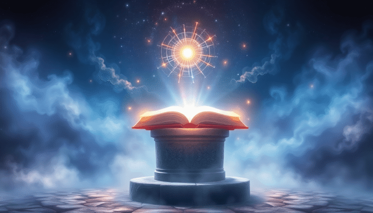 En glødende kosmisk bog svæver over en gammel stenpedestal, omgivet af svævende lys og tåge i dybe blå, lilla og gyldne nuancer.