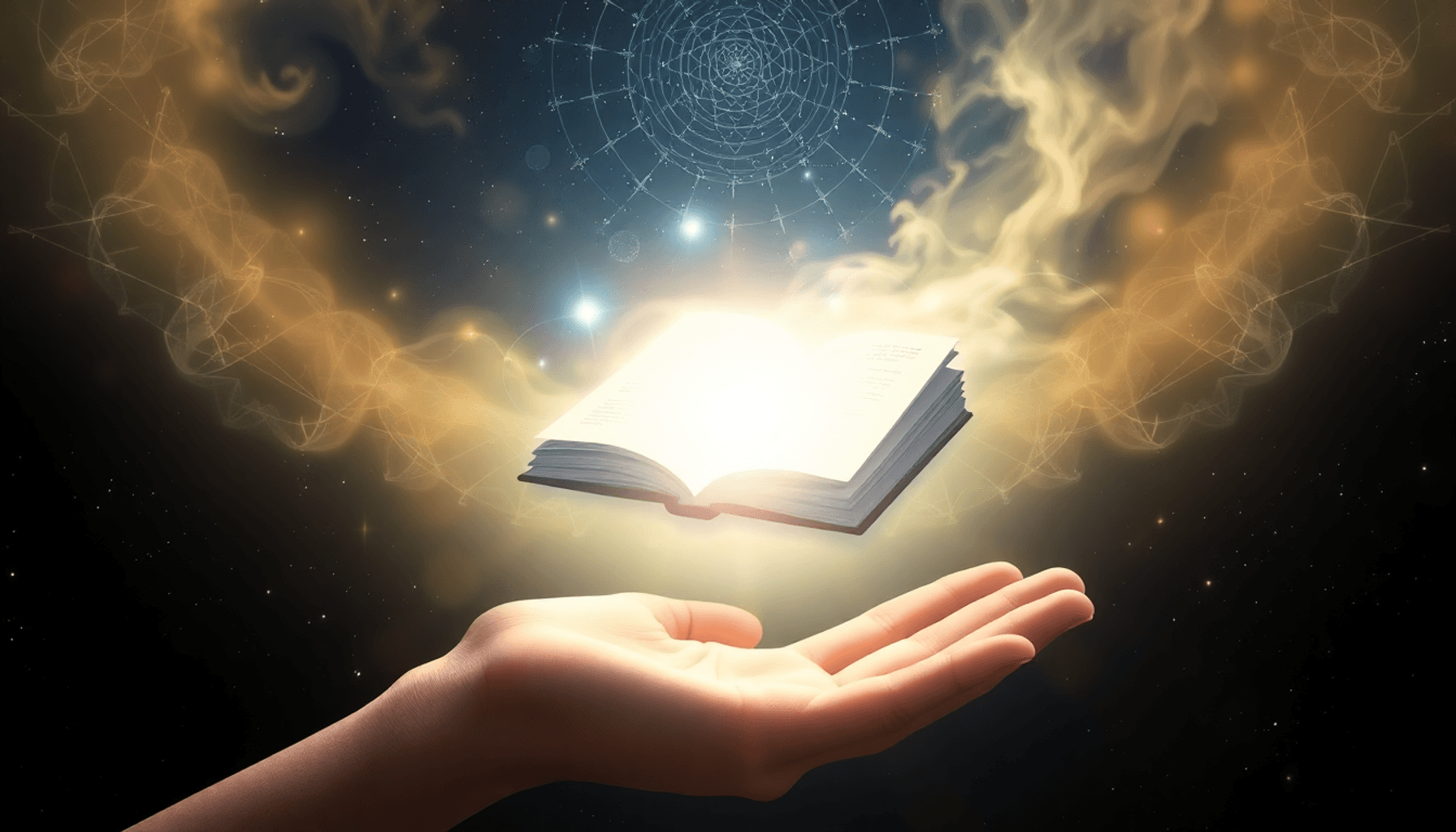 En lysende eterisk bog svæver over en åben hånd, omgivet af strålende lys og kosmiske mønstre mod en mørk stjerneklar baggrund.