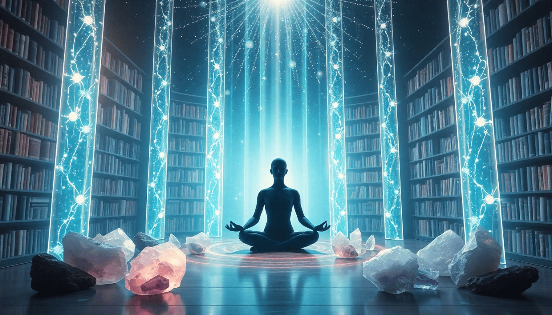 En lysende kosmisk bibliotek af lys med eteriske stråler, der forbinder en mediterende person omgivet af bløde krystaller og abstrakte spirituelle ...