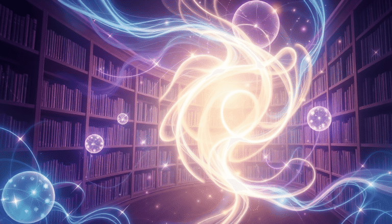 En strålende kosmisk bibliotek af æterisk lys med svungne mønstre, strålende nuancer af lilla og blå, samt stråler der forbinder svævende kugler, d...